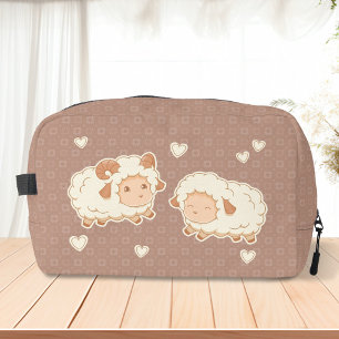 Two Cute Little Sheep Ram Ewe on Brown Dopp Kit