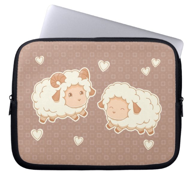 Two Cute Little Sheep Ram Ewe on Brown Laptop Sleeve (Front)