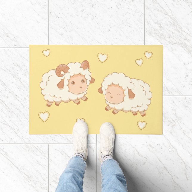 Two Cute Little Sheep Ram Ewe on Yellow Doormat (Indoor)