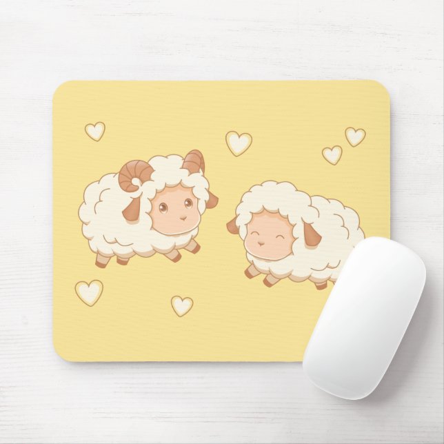 Two Cute Little Sheep Ram Ewe on Yellow Mouse Pad (With Mouse)