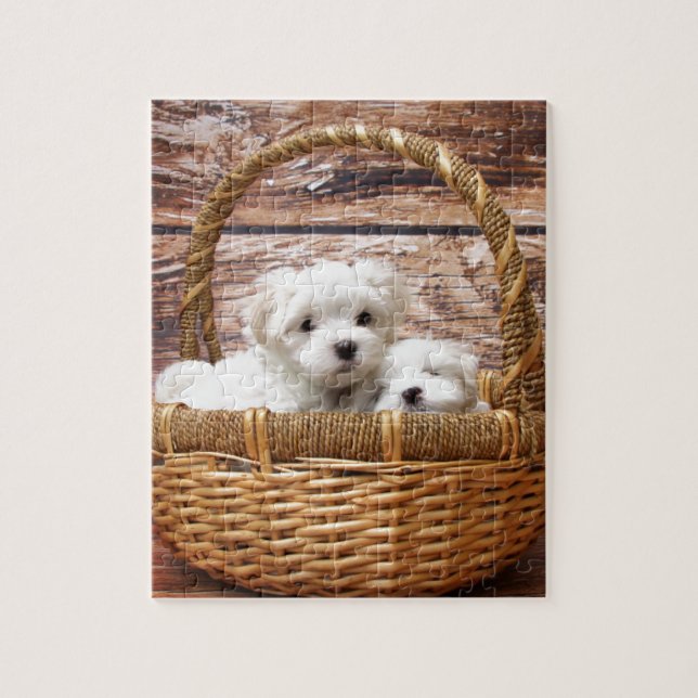 Two cute Maltese puppies sitting in a basket Jigsaw Puzzle (Vertical)