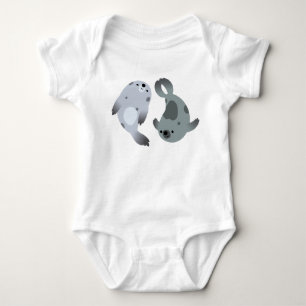Two Cute Playful Cartoon Harp Seals Baby Bodysuit