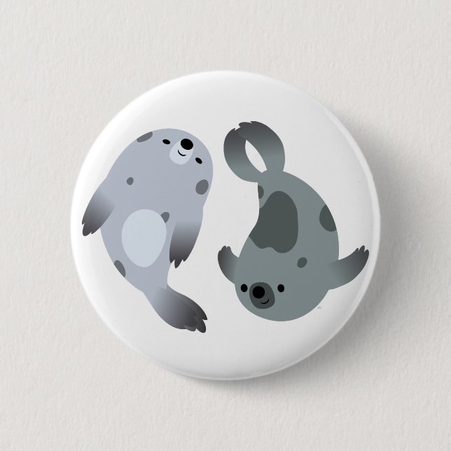Two Cute Playful Cartoon Harp Seals Button Badge (Front)