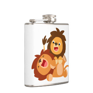 Two Cute Playful Cartoon Lions Hip Flask