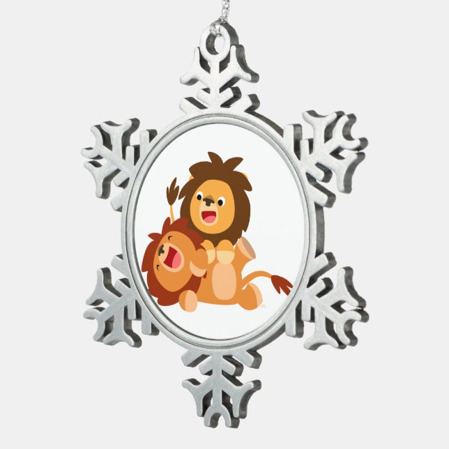 Two Cute Playful Cartoon Lions Pewter Ornament (Right)