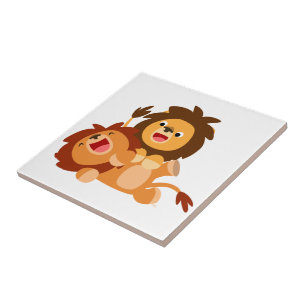 Two Cute Playful Cartoon Lions Tile
