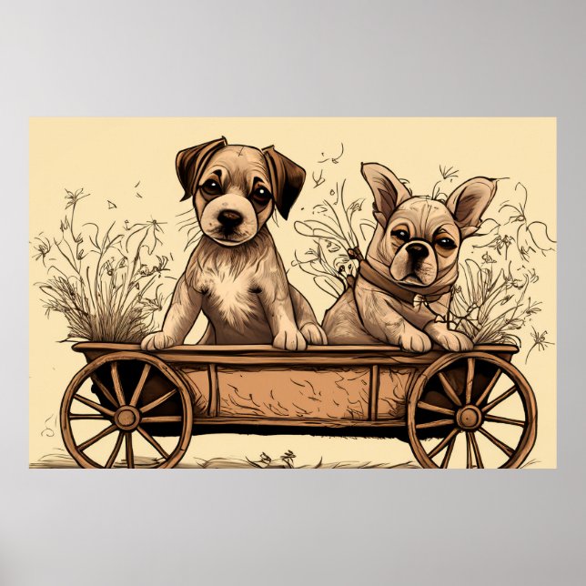 Two Cute Puppies in a Wagon Poster (Front)
