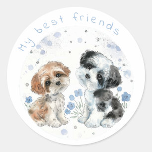Two cute puppies, personalized classic round sticker