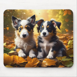 Two Cute Puppies Playing in Fall Leaves Mouse Pad