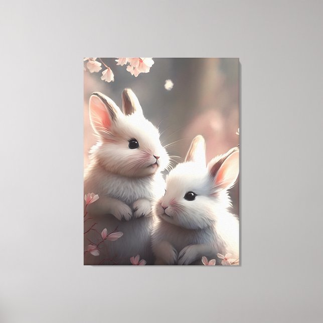 Two cute rabbits & sakura Stretched Canvas Print (Front)