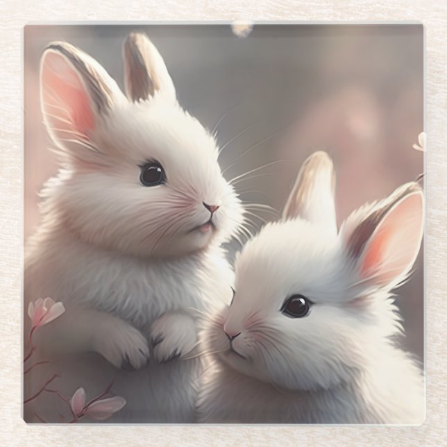 Two cute rabbits with sakura glass coaster (Front)
