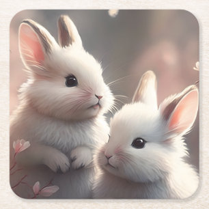 Two cute rabbits with sakura square Paper Coaster