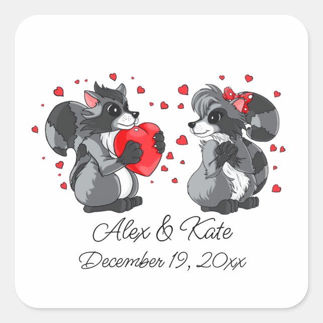 Two Cute Raccoons | Romantic Wedding  Square Sticker (Front)