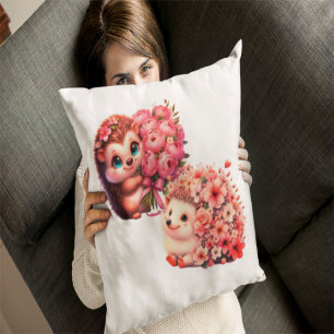 Two Cute Romantic Floral Hedgehog Couple Illustrat Throw Pillow