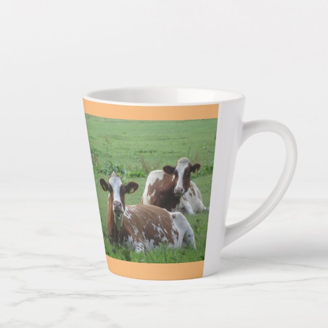 Two Cute White-Brown Cows Cust. Orange Latte Mug (Right)