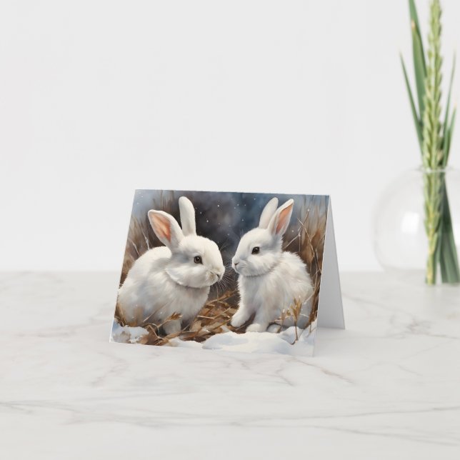 Two Cute White Bunny Rabbits in Snow Blank  Card (Front)