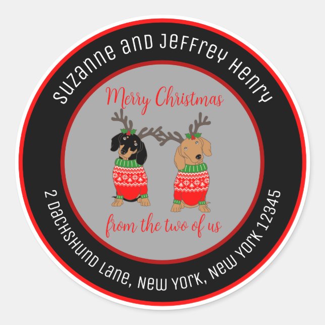 Two Dachshunds Holiday Round Address Label (Front)