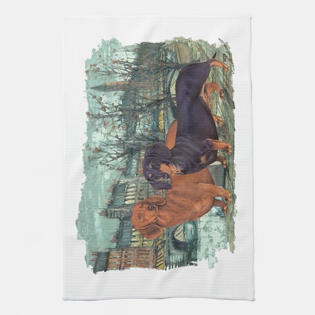 Two Dachshunds in the City Kitchen Towel (Vertical)