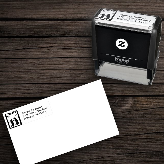 Two Dancing Bears Owl in Tree Black Silhouette Self-inking Stamp (Two black bears in silhouette under trees dancing on self inking return address stamp.)