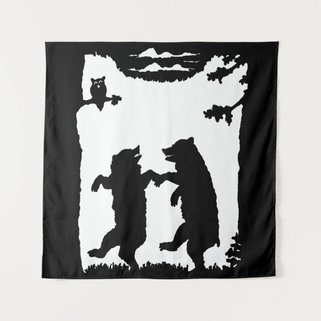Two Dancing Black Bears Owl Trees Black Silhouette Tapestry (Front)