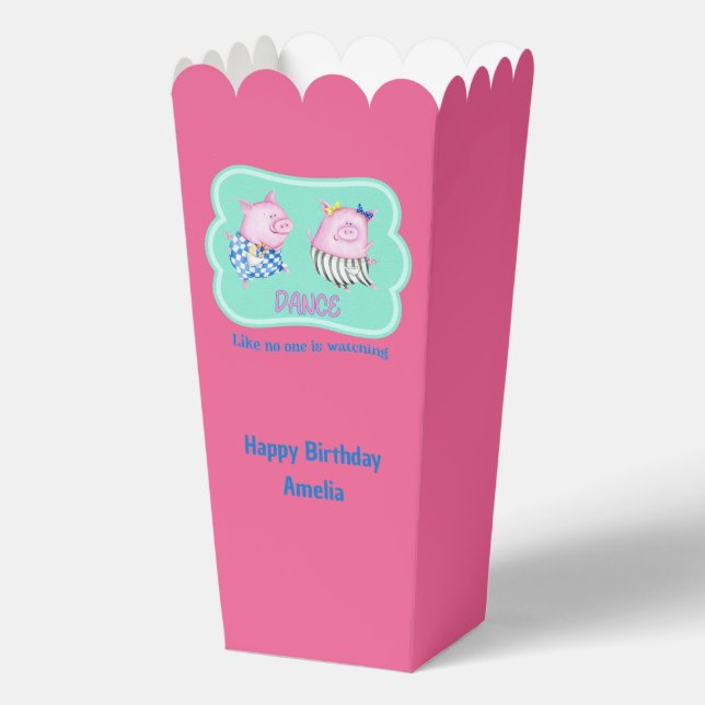 Two Dancing Pigs Custom Happy Birthday Popcorn Favor Box (Front)