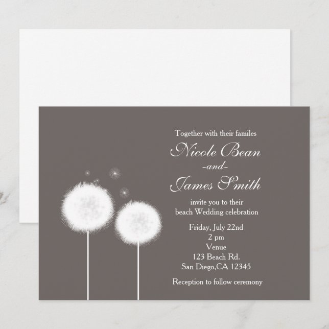 Two Dandelions Taupe Rustic Wedding Invitations (Front/Back)