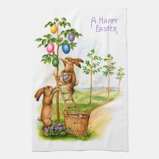 Two Decorating Rabbits Kitchen Towel (Vertical)