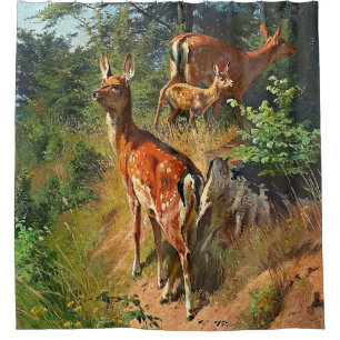 Two Deer And Cute Fawn In The Forest