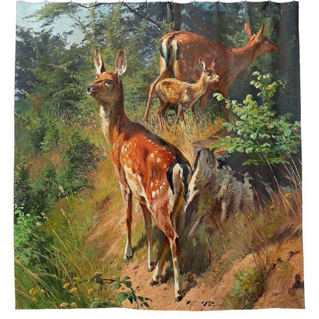 Two Deer And Cute Fawn In The Forest  (Front)