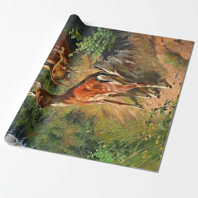 Two Deer And Cute Fawn In The Forest Decoupage  Wrapping Paper (Unrolled)