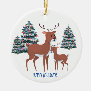 Two Deer And Three Trees Ceramic Circle Ornament