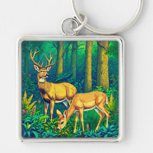 Two Deer in a Green Forest  Keychain
