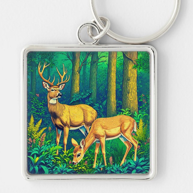 Two Deer in a Green Forest  Keychain (Front)