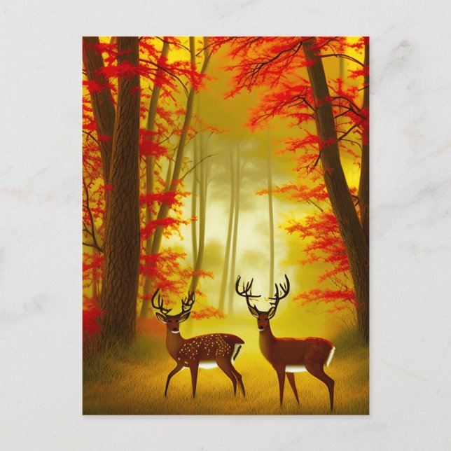 Two deer in an Autumn Forest / Woods Postcard (Front)