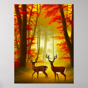 Two deer in an Autumn Forest / Woods Poster