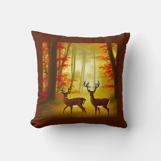Two deer in an Autumn Forest / Woods Throw Pillow (Front)