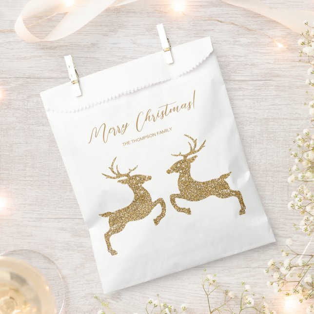 Two Deer In Faux Golden Yellow Glitter With Text Favour Bag (Clipped)