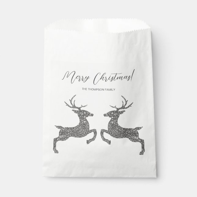 Two Deer In Faux Silver Glitter With Custom Text Favour Bag (Front)