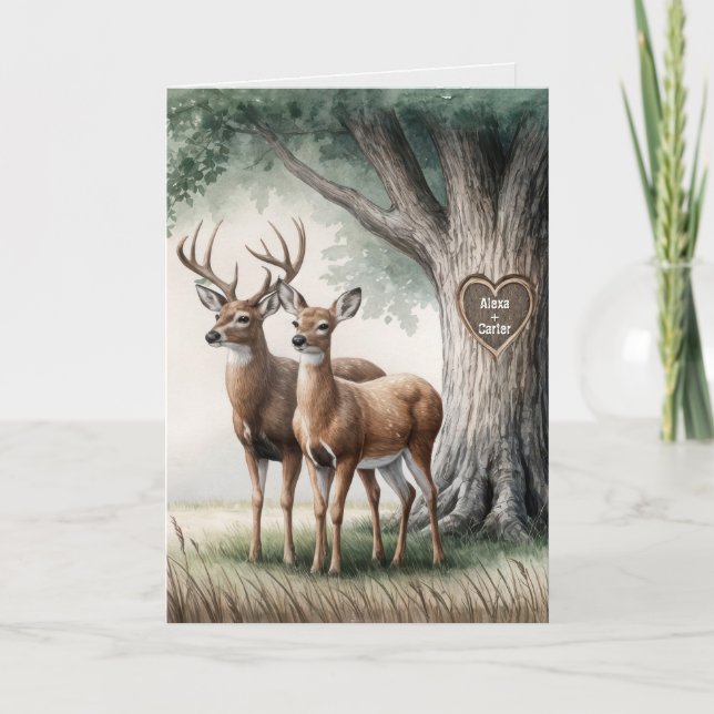 Two Deer With Carved Heart and Names Card (Front)