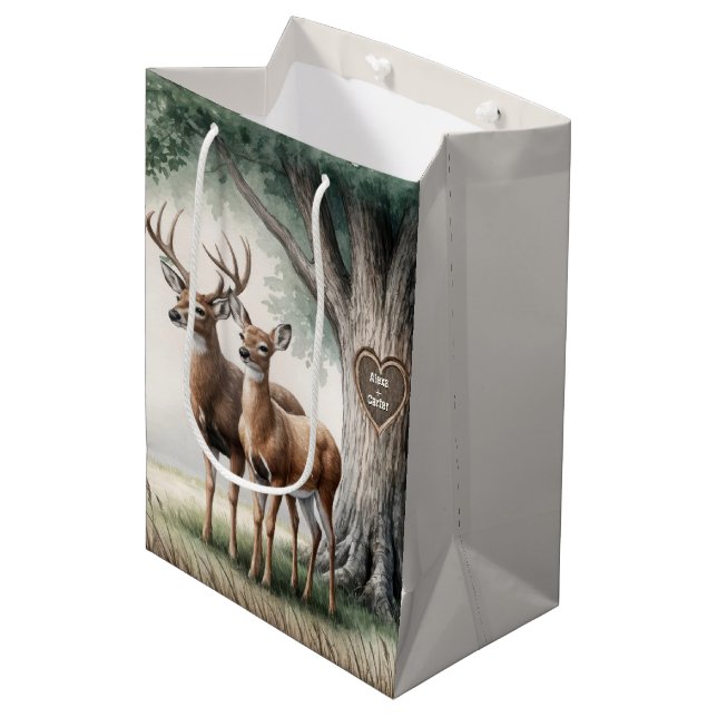Two Deer With Carved Heart and Names Medium Gift Bag (Front Angled)
