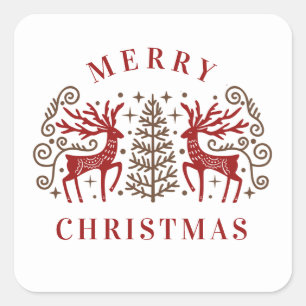 Two Deers Merry Christmas Red & Brown Square Sticker