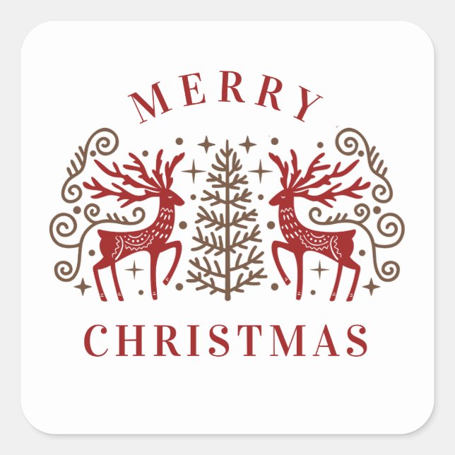 Two Deers Merry Christmas Red & Brown Square Sticker (Front)