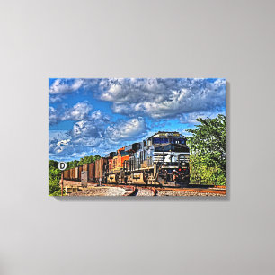 Two Diesel Locomotive Freight Train 24"x16" Large Canvas Print
