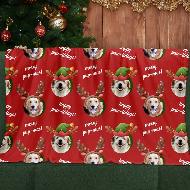 Two Dog Photo Reindeer Antler Merry Christmas Red Fleece Blanket (Creator Uploaded)