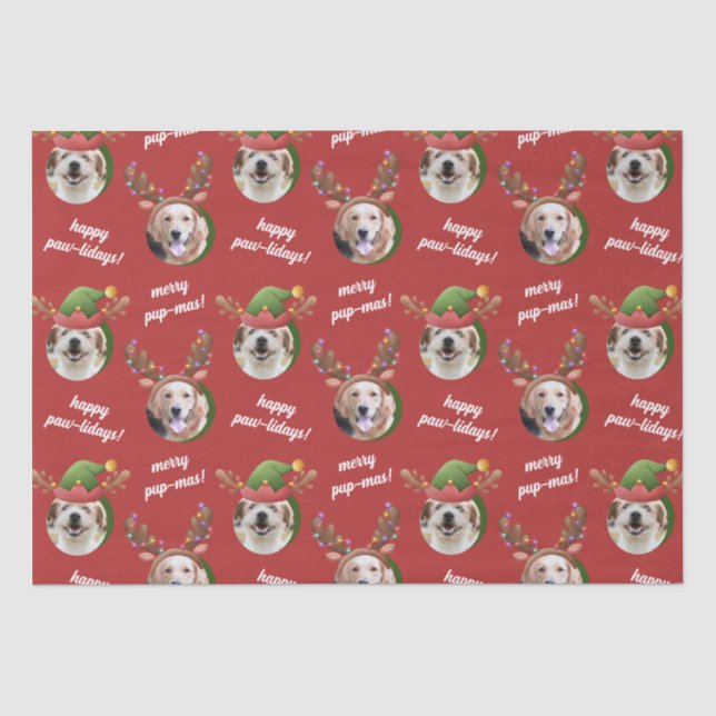 Two Dog Photo Reindeer Antler Merry Christmas Red Tissue Paper (Front)