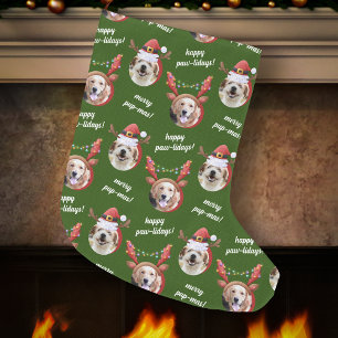 Two Dog Photo Reindeer Merry Christmas Green Large Christmas Stocking