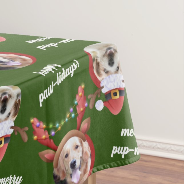 Two Dog Photo Reindeer Merry Christmas Green Large Tablecloth (In Situ)