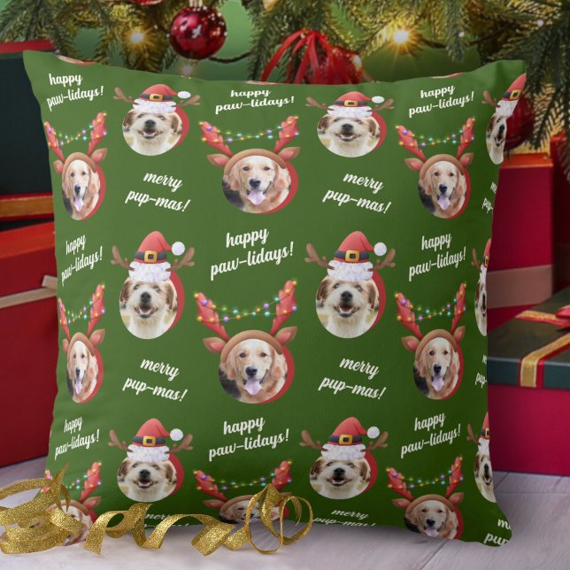 Two Dog Photo Santa Reindeer Antler Hat Christmas Throw Pillow (Creator Uploaded)