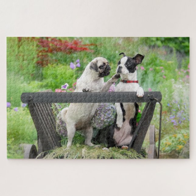 Two dogs a pug puppy and Boston Terrier in a cart Jigsaw Puzzle (Horizontal)