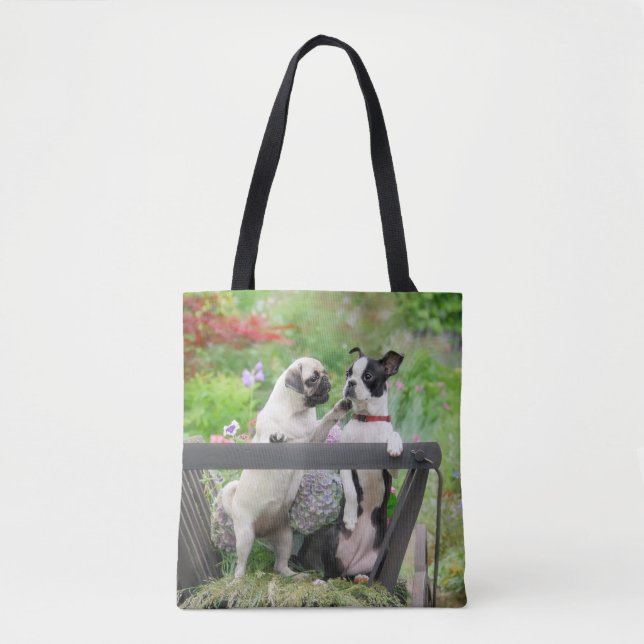 Two dogs a pug puppy and Boston Terrier in a cart Tote Bag (Front)